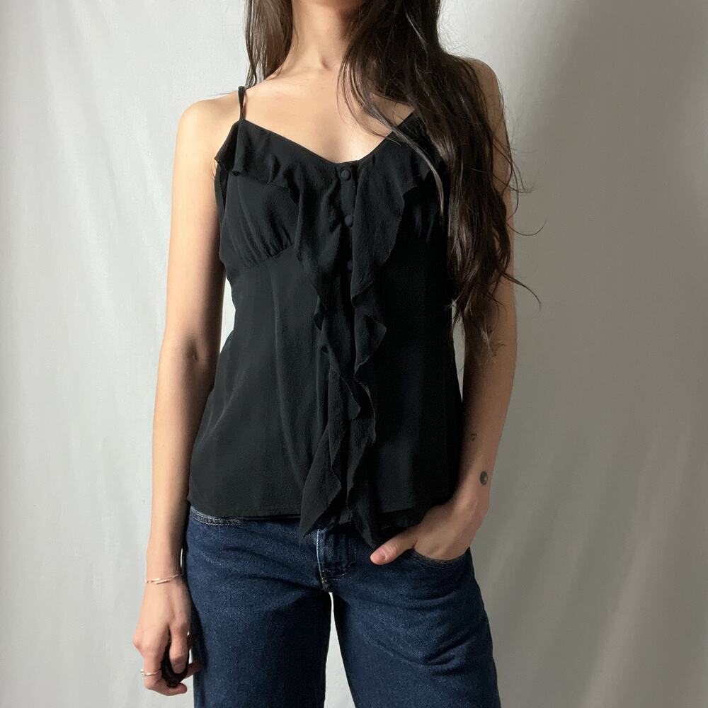 vintage banana republic black silk minimalist ruffle button cami tank top blouse